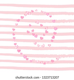 Pink glitter hearts confetti  on white stripes. Shiny random sequins with metallic sparkles. Design with pink glitter hearts for party invitation, banner, greeting card, bridal shower.