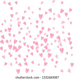 Pink glitter hearts confetti on isolated backdrop. Falling sequins with shimmer and sparkles. Template with pink glitter hearts for party invitation, bridal shower and save the date invite.