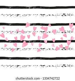 Pink glitter hearts confetti  on black stripes. Falling sequins with shimmer and sparkles. Design with pink glitter hearts for party invitation, event banner, flyer, birthday card.