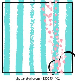 Pink glitter hearts confetti  on turquoise stripes. Falling sequins with metallic shimmer. Template with pink glitter hearts for party invitation, event banner, flyer, birthday card.