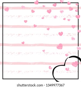 Pink glitter hearts confetti  on white stripes. Shiny random sequins with metallic sparkles. Template with pink glitter hearts for party invitation, banner, greeting card, bridal shower.
