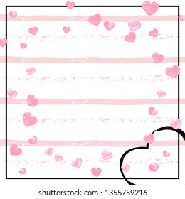 Pink glitter hearts confetti  on white stripes. Shiny falling sequins with shimmer and sparkles. Design with pink glitter hearts for party invitation, event banner, flyer, birthday card.