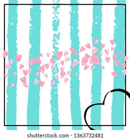 Pink glitter hearts confetti  on turquoise stripes. Falling sequins with glossy sparkles. Template with pink glitter hearts for party invitation, banner, greeting card, bridal shower.