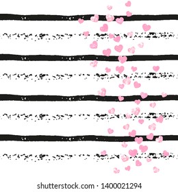 Pink glitter hearts confetti  on black stripes. Random falling sequins with glossy sparkles. Template with pink glitter hearts for party invitation, event banner, flyer, birthday card.