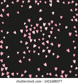 Pink glitter hearts confetti on isolated backdrop. Shiny random falling sequins with sparkles. Template with pink glitter hearts for party invitation, banner, greeting card, bridal shower.