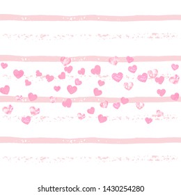 Pink glitter hearts confetti on white stripes. Falling sequins with glossy sparkles. Template with pink glitter hearts for party invitation, bridal shower and save the date invite.