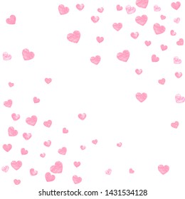 Pink glitter hearts confetti on isolated backdrop. Falling sequins with glossy sparkles. Template with pink glitter hearts for party invitation, banner, greeting card, bridal shower.