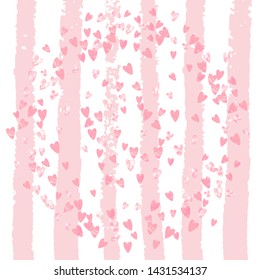Pink glitter hearts confetti on white stripes. Shiny random sequins with metallic sparkles. Design with pink glitter hearts for greeting card, bridal shower and save the date invite.