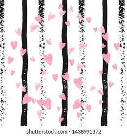 Pink glitter hearts confetti on black stripes. Shiny random sequins with metallic sparkles. Template with pink glitter hearts for party invitation, banner, greeting card, bridal shower.