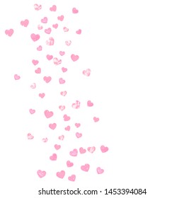 Pink glitter hearts confetti on isolated backdrop. Falling sequins with shimmer and sparkles. Template with pink glitter hearts for party invitation, event banner, flyer, birthday card.