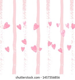 Pink glitter hearts confetti on white stripes. Sequins with metallic shimmer and sparkles. Design with pink glitter hearts for greeting card, bridal shower and save the date invite.