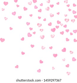 Pink glitter hearts confetti on isolated backdrop. Sequins with metallic shimmer and sparkles. Template with pink glitter hearts for party invitation, bridal shower and save the date invite.