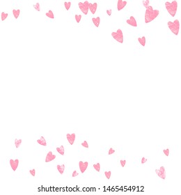 Pink glitter hearts confetti on isolated backdrop. Falling sequins with metallic shimmer. Design with pink glitter hearts for greeting card, bridal shower and save the date invite.
