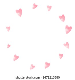 Pink glitter hearts confetti on isolated backdrop. Sequins with metallic shimmer and sparkles. Template with pink glitter hearts for party invitation, bridal shower and save the date invite.