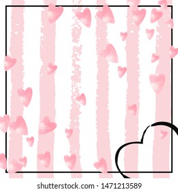 Pink glitter hearts confetti on white stripes. Falling sequins with shimmer and sparkles. Template with pink glitter hearts for party invitation, banner, greeting card, bridal shower.