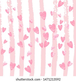 Pink glitter hearts confetti on white stripes. Shiny falling sequins with shimmer and sparkles. Design with pink glitter hearts for greeting card, bridal shower and save the date invite.