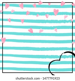 Pink glitter hearts confetti on turquoise stripes. Sequins with metallic shimmer and sparkles. Template with pink glitter hearts for party invitation, event banner, flyer, birthday card.