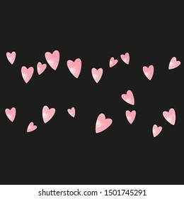 Pink glitter hearts confetti on isolated backdrop. Random falling sequins with metallic shimmer. Template with pink glitter hearts for party invitation, bridal shower and save the date invite.