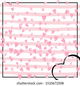 Pink glitter hearts confetti on white stripes. Falling sequins with glossy sparkles. Template with pink glitter hearts for party invitation, banner, greeting card, bridal shower.