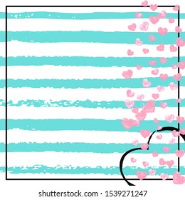 Pink glitter hearts confetti on turquoise stripes. Falling sequins with glossy sparkles. Template with pink glitter hearts for party invitation, banner, greeting card, bridal shower.