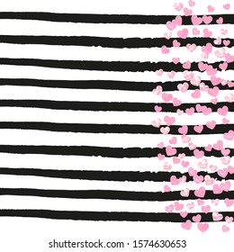 Pink glitter hearts confetti on black stripes. Falling sequins with shimmer and sparkles. Design with pink glitter hearts for party invitation, banner, greeting card, bridal shower.