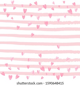 Pink glitter hearts confetti on white stripes. Random falling sequins with glossy sparkles. Template with pink glitter hearts for party invitation, banner, greeting card, bridal shower.