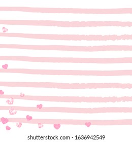 Pink glitter hearts confetti on white stripes. Random falling sequins with metallic shimmer. Template with pink glitter hearts for party invitation, bridal shower and save the date invite.
