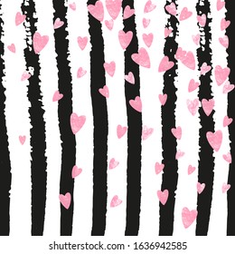 Pink glitter hearts confetti on black stripes. Falling sequins with shimmer and sparkles. Template with pink glitter hearts for party invitation, event banner, flyer, birthday card.