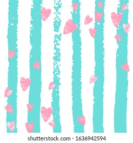 Pink glitter hearts confetti on turquoise stripes. Shiny random falling sequins with sparkles. Template with pink glitter hearts for party invitation, banner, greeting card, bridal shower.