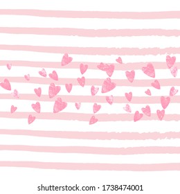 Pink glitter hearts confetti on white stripes. Shiny random falling sequins with sparkles. Template with pink glitter hearts for party invitation, banner, greeting card, bridal shower.