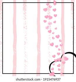 Pink glitter hearts confetti on white stripes. Shiny random falling sequins with sparkles. Template with pink glitter hearts for party invitation, event banner, flyer, birthday card.