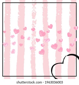 Pink glitter hearts confetti  on white stripes. Shiny random falling sequins with sparkles. Template with pink glitter hearts for party invitation, bridal shower and save the date invite.