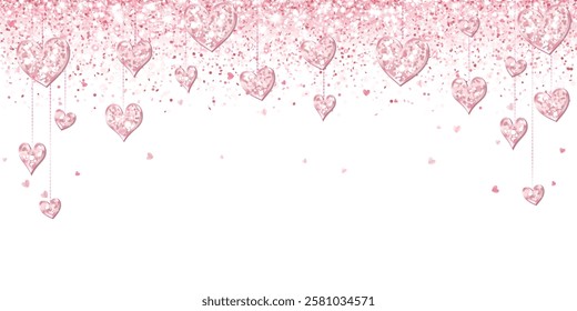 Pink glitter hearts decoration. Valentines day frame, border. Wedding string ornaments isolated. Mothers day garland. Transparent background in vector file.