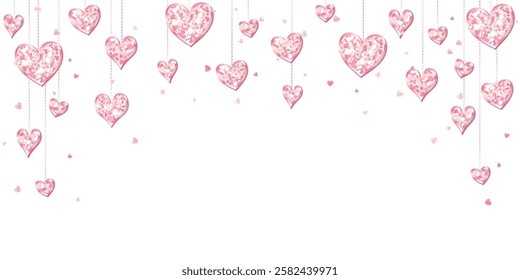 Pink glitter hearts decoration. Valentines day frame, border. Wedding string ornaments isolated. Mothers day garland. Transparent background in vector file.