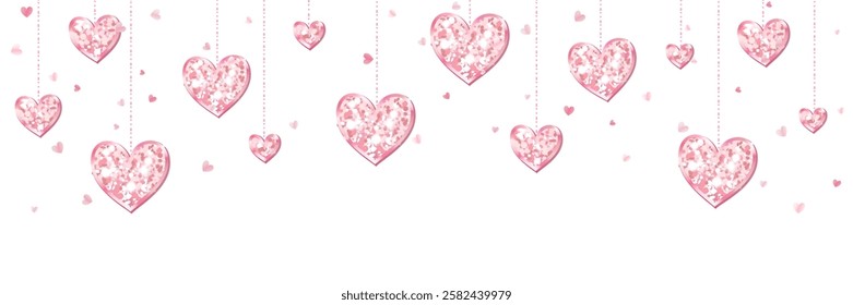 Pink glitter hearts decoration. Valentines day frame, border. Wedding string ornaments isolated. Mothers day garland. Transparent background in vector file.