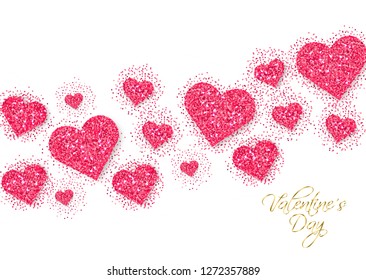 Pink glitter hearts Valentine day banner Vector. Romantic card template. Invitation or party posters