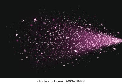 Pink glitter light spray effect. Dust sparkle vector. Magic powder burst. Rose perfume mist texture. Luxury shiny paint explosion with shimmer and twinkle. Bright starlight glow trail at night