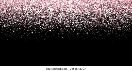 Pink glitter lights background. Sparkling glittering rain effect. Celebration backdrop for mother's day, Valentine, wedding, birthday party. Luxury frame, border. Vector.