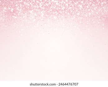 Pink glitter lights background. Sparkling glittering rain effect. Celebration backdrop for mother's day, Valentine, wedding, birthday party. Luxury frame, border. Vector.