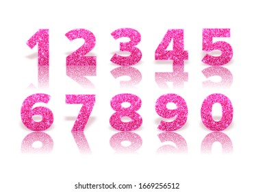 Pink glitter numbers with reflection and shadow isolated on white background. Holiday decoration. Vector template.