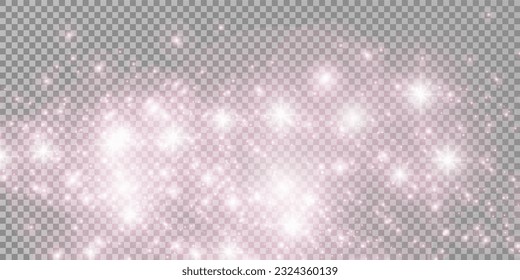 Pink glitter particles, glitter confetti and glowing lights effect for luxury greeting cards design. Vector white stars sparkle on a transparent background.