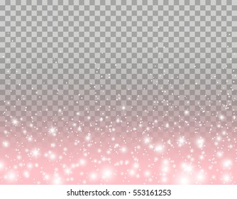 Pink glitter particles, shine confetti and glowing lights effect for luxury greeting card design. Vector white stars sparkle on transparent background.