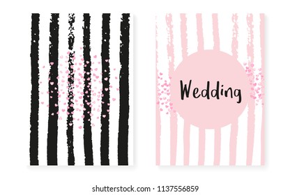Pink glitter sequins with dots. Wedding and bridal shower invitation cards set with confetti. Vertical stripes background. Tender pink glitter sequins for party, event, save the date flyer.