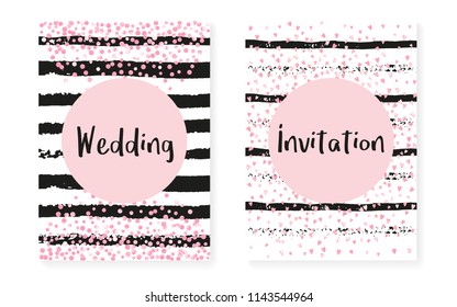 Pink glitter sequins with dots. Wedding and bridal shower invitation cards set with confetti. Vertical stripes background. Creative pink glitter sequins for party, event, save the date flyer.