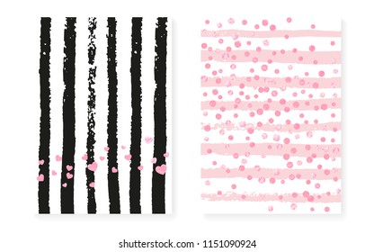 Pink glitter sequins with dots. Wedding and bridal shower invitation cards set with confetti. Vertical stripes background. Elegant pink glitter sequins for party, event, save the date flyer.
