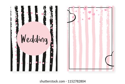 Pink glitter sequins with dots. Wedding and bridal shower invitation cards set with confetti. Vertical stripes background. Hipster pink glitter sequins for party, event, save the date flyer.
