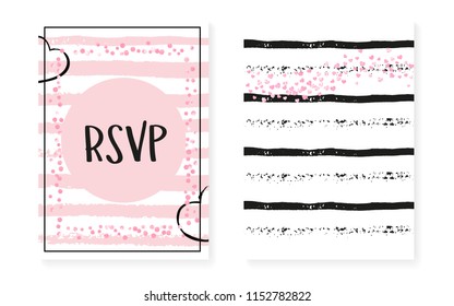 Pink glitter sequins with dots. Wedding and bridal shower invitation cards set with confetti. Vertical stripes background. Hipster pink glitter sequins for party, event, save the date flyer.