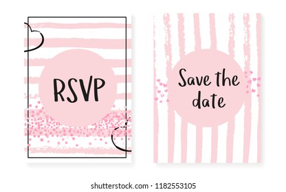 Pink glitter sequins with dots. Wedding and bridal shower invitation cards set with confetti. Vertical stripes background. Luxury pink glitter sequins for party, event, save the date flyer.