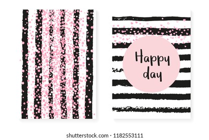 Pink glitter sequins with dots. Wedding and bridal shower invitation cards set with confetti. Vertical stripes background. Creative pink glitter sequins for party, event, save the date flyer.