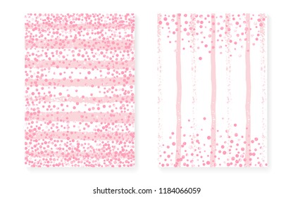 Pink glitter sequins with dots. Wedding and bridal shower invitation cards set with confetti. Vertical stripes background. Elegant pink glitter sequins for party, event, save the date flyer.